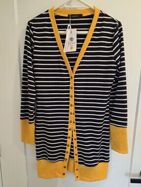 NWT Striped White & Navy Knit Cardigan with Mustard Trim SZ M